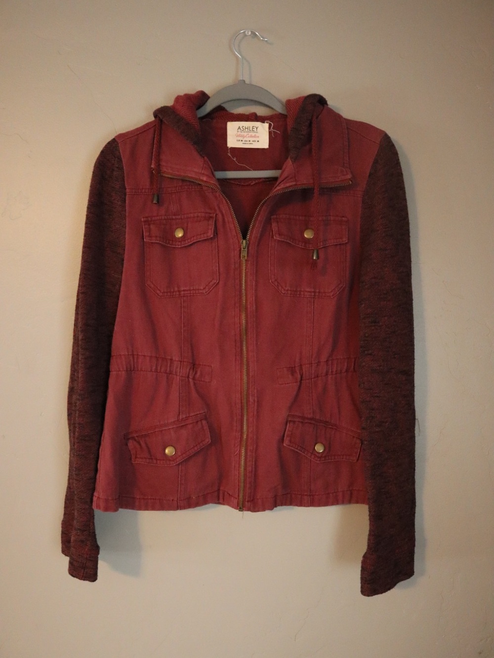 Ashley By 26 International Maroon Hooded Utility Jacket with Knit Sleeves